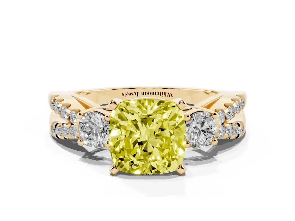 Fancy Yellow Cushion Cut Diamond Three-Stone Ring with Pavé Split Shank and Four-Prong Setting Yellow gold