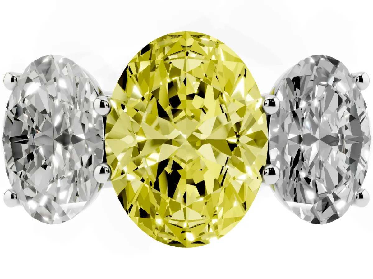 Fancy Yellow Oval Cut Three-Stone Diamond Ring with Prong Setting on a Classic Band Platinum