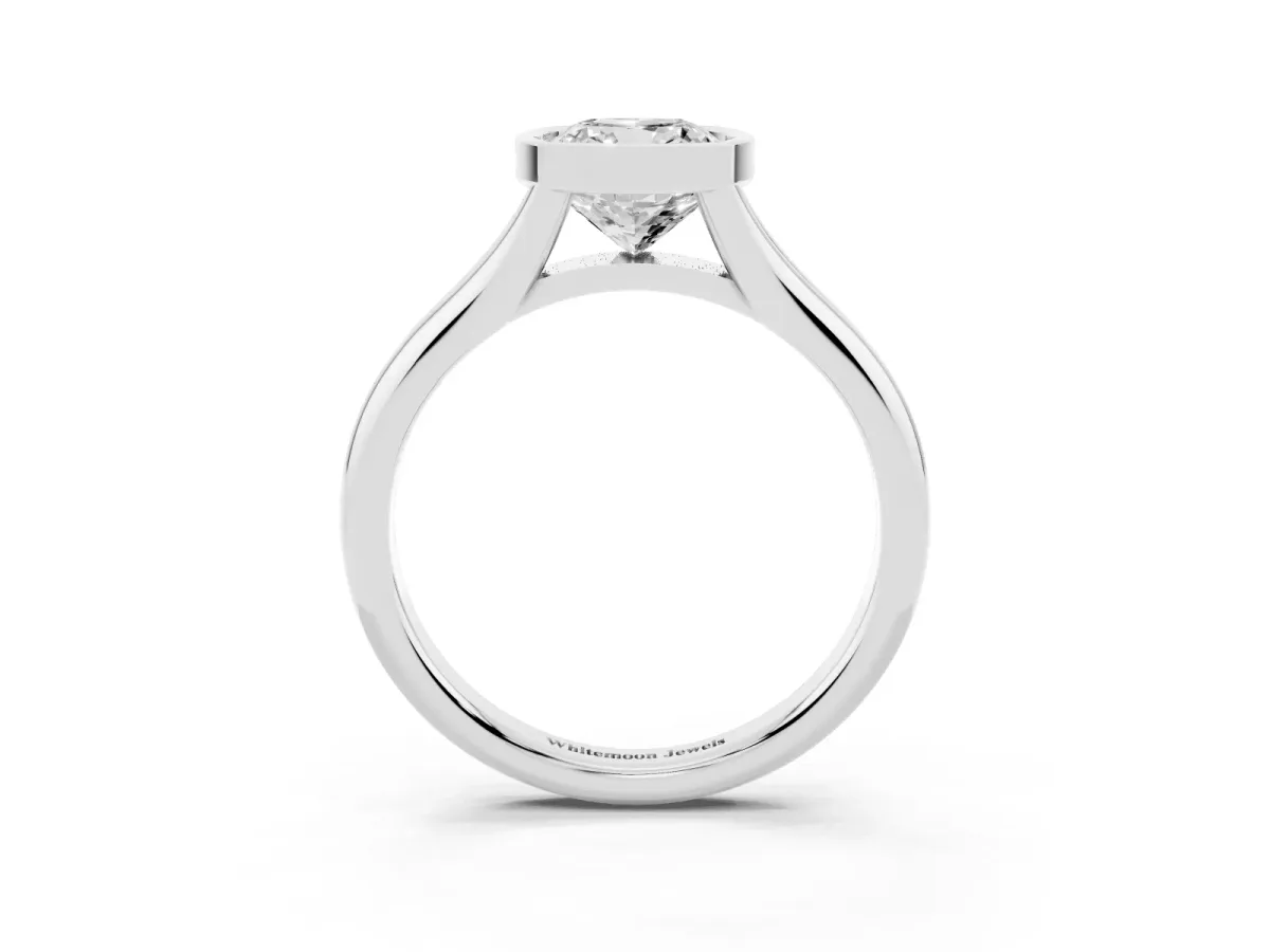 Bezel Set Cushion Cut Solitaire Diamond Ring with Smooth Band Silver