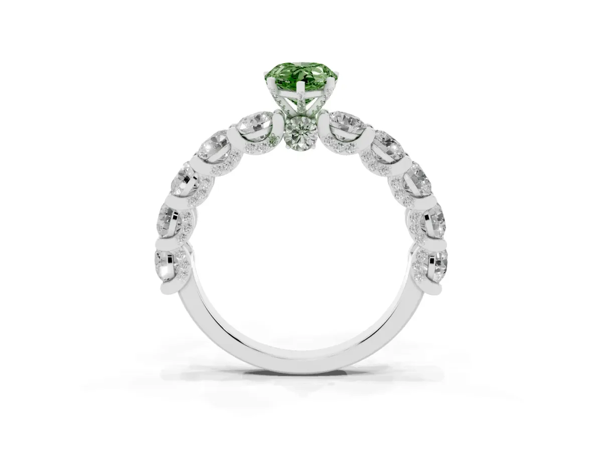 Fancy Green Pear Cut Diamond Side Stone Engagement Ring with Four-Prong Setting Silver