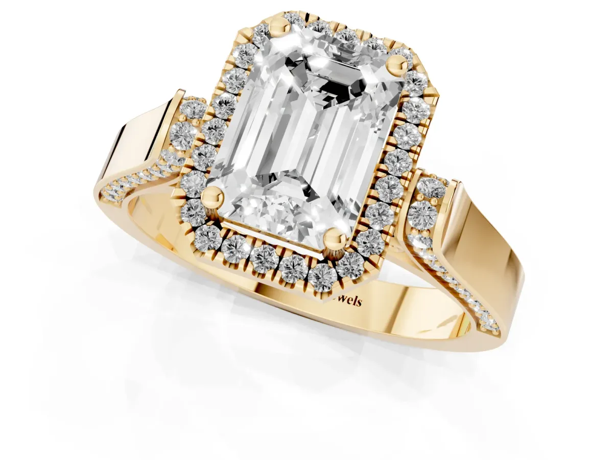 Emerald Cut Halo Round Diamond Twist Band with Four-Prong Setting Yellow gold