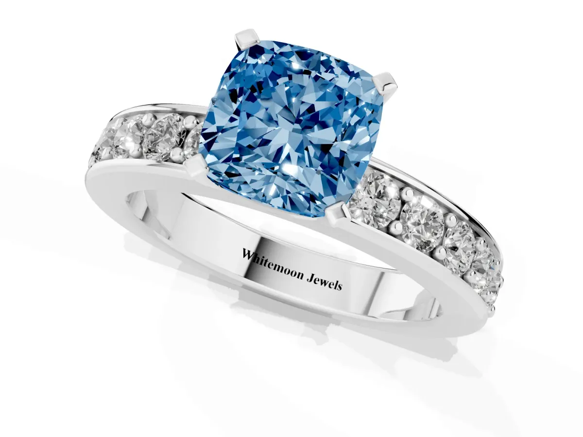 Fancy Blue Cushion Cut Diamond Engagement Ring with Channel Set Round Band and Prong Setting Silver