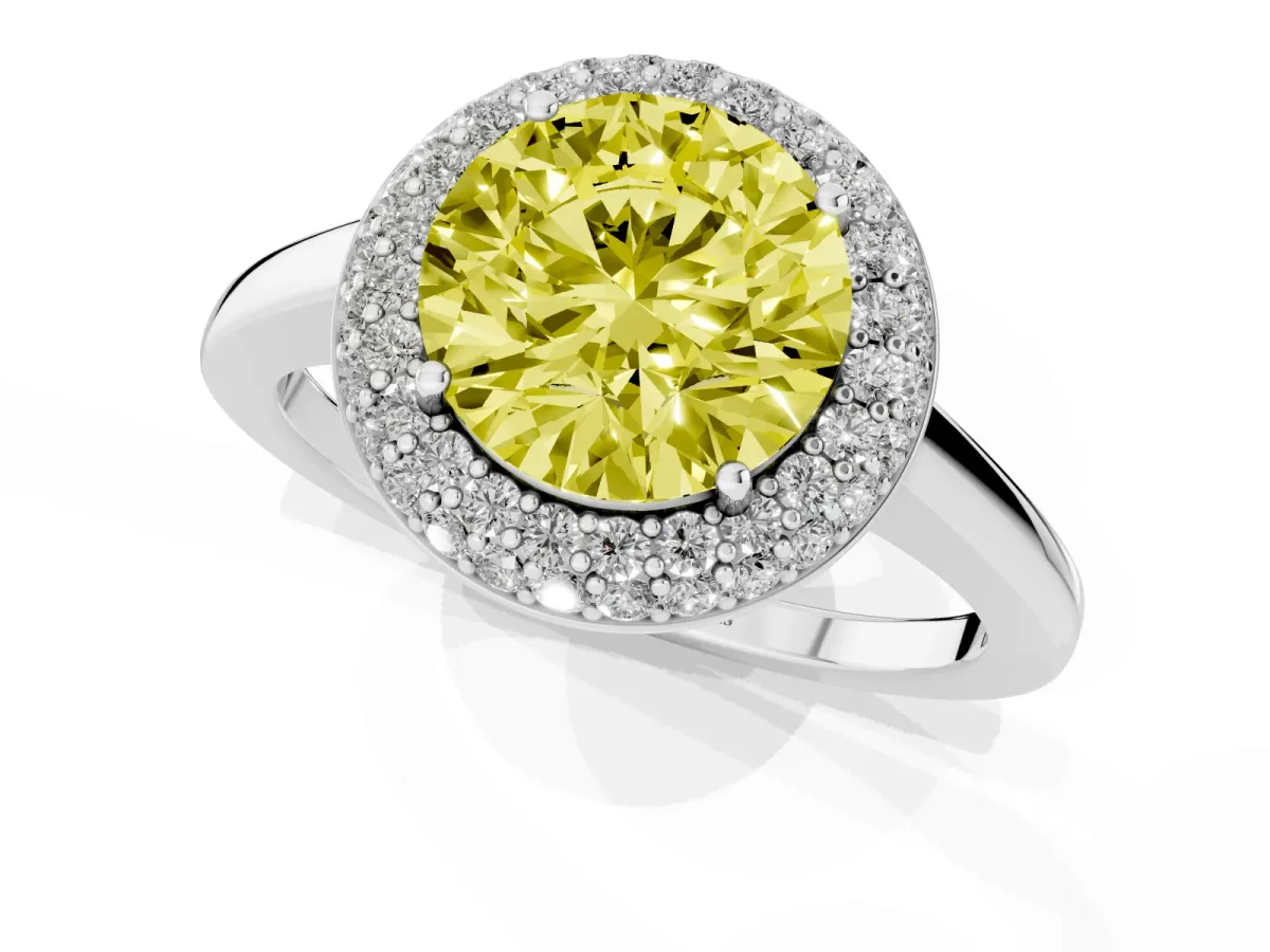Fancy Yellow Round Cut Halo Diamond Engagement Ring with Solitaire Band and Four-Prong Setting Platinum