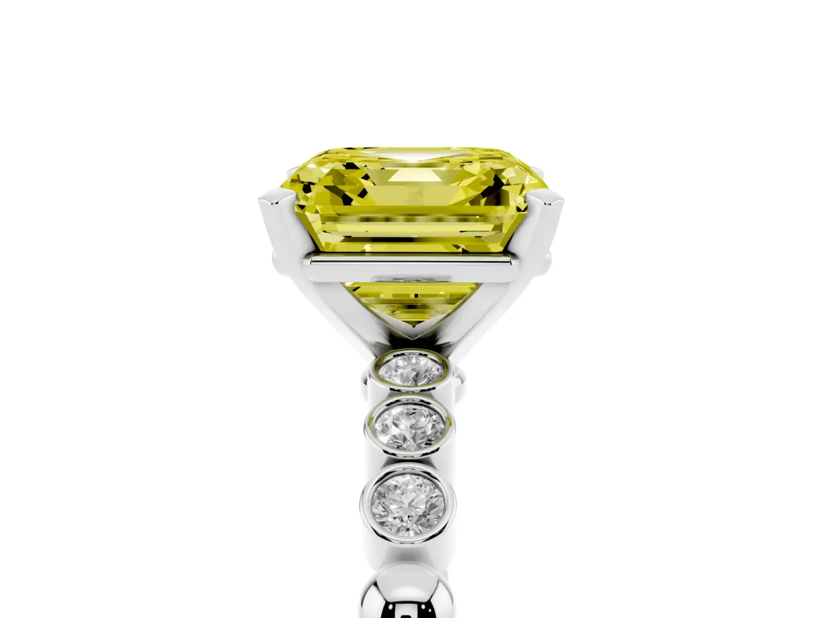 Fancy Yellow Asscher Cut Solitaire Bezel Accent Diamond Engagement Ring with Beaded Band and Four-Prong Setting White gold