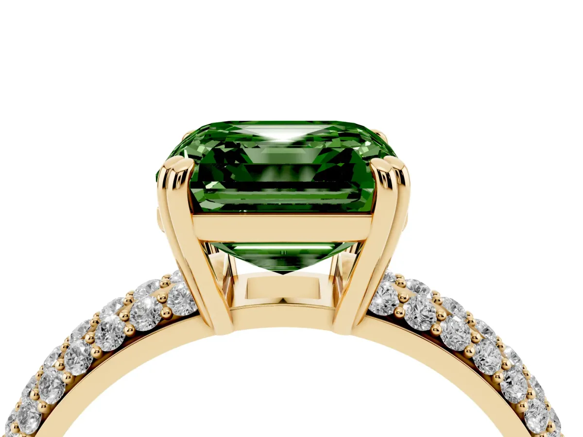 Fancy Green Asscher Cut Diamond Solitaire Ring with Multi-Row Round Pavé Band and Prong Setting Yellow gold