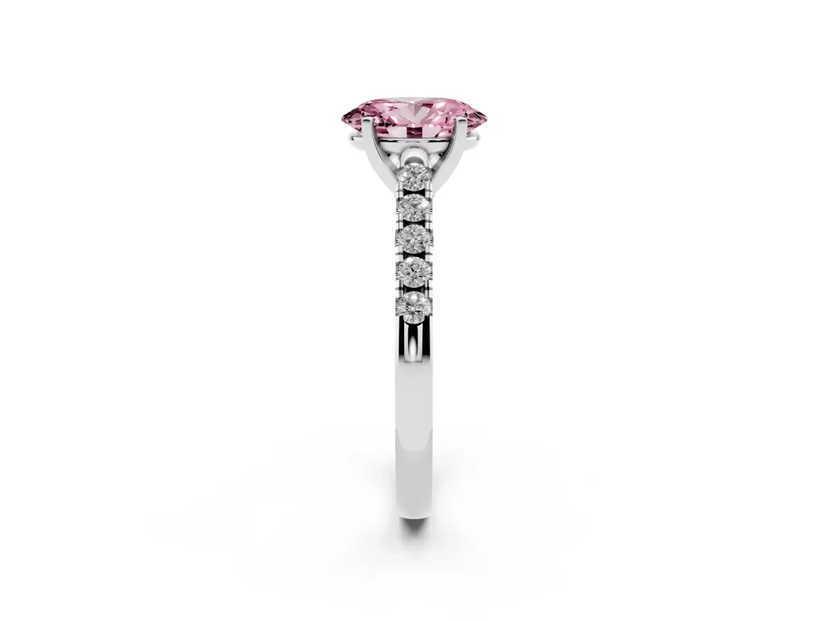 Fancy Pink Oval Cut Diamond Pavé Band Solitaire Ring with Prong Setting White gold