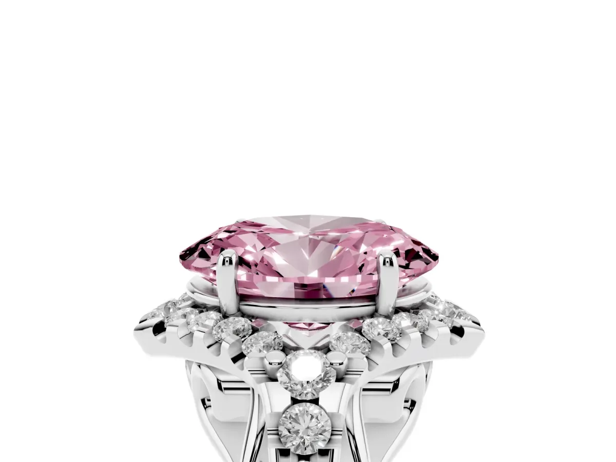 Fancy Pink Oval Cut Diamond Solitaire Ring with Hidden Halo and Pavé Band Platinum
