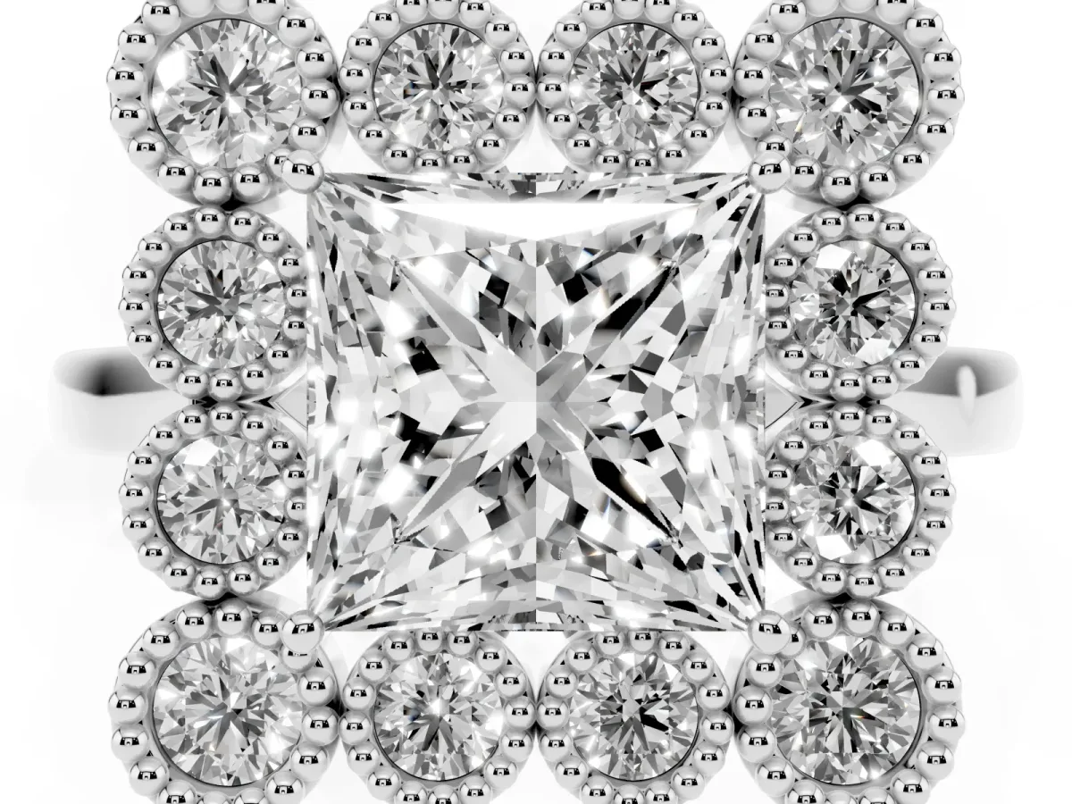 Princess Cut Halo Diamond Cluster Engagement Ring with Milgrain Bezel Setting and Solitaire Band Silver