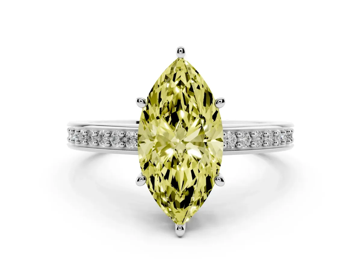 Fancy Yellow Marquise Cut Solitaire Pavé Band Prong Setting Ring Silver