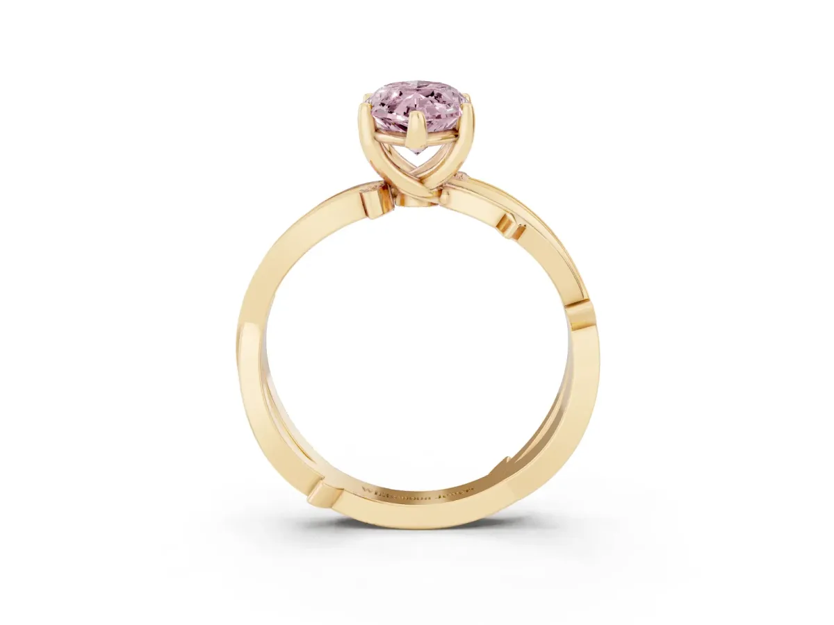 Fancy Pink Marquise Cut Solitaire Twist Band with Pavé Accents and Four-Prong Setting Yellow gold
