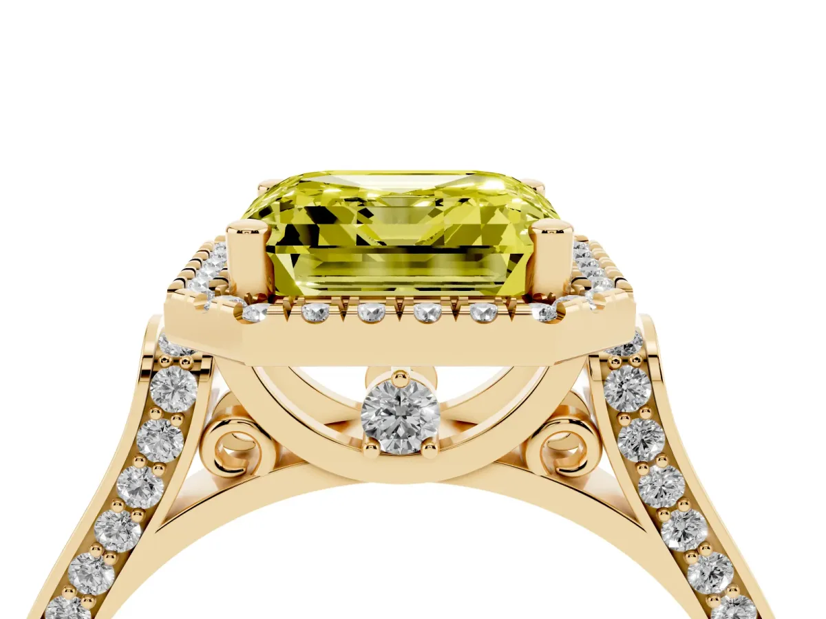 Fancy Yellow Asscher Cut Halo Pave Split Shank Prong Setting Ring Yellow gold
