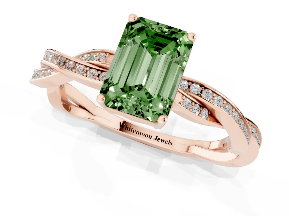 Fancy Green Emerald Cut Solitaire Twisted Pave Diamond Ring with Four-Prong Setting Rose gold