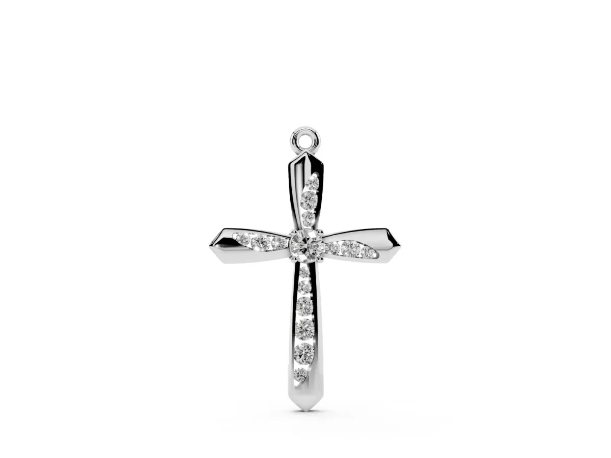 Gold Cross Pendant with Round Cut Stones and Prong Setting Silver