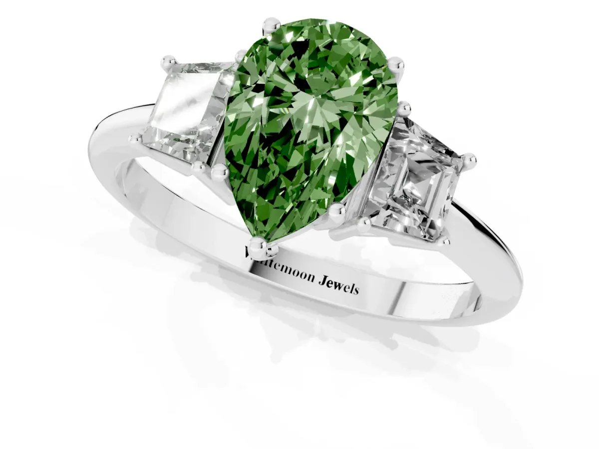 Fancy Green Pear Cut Diamond Three-Stone Ring with Trapezoid Side Stones and Prong Setting Silver