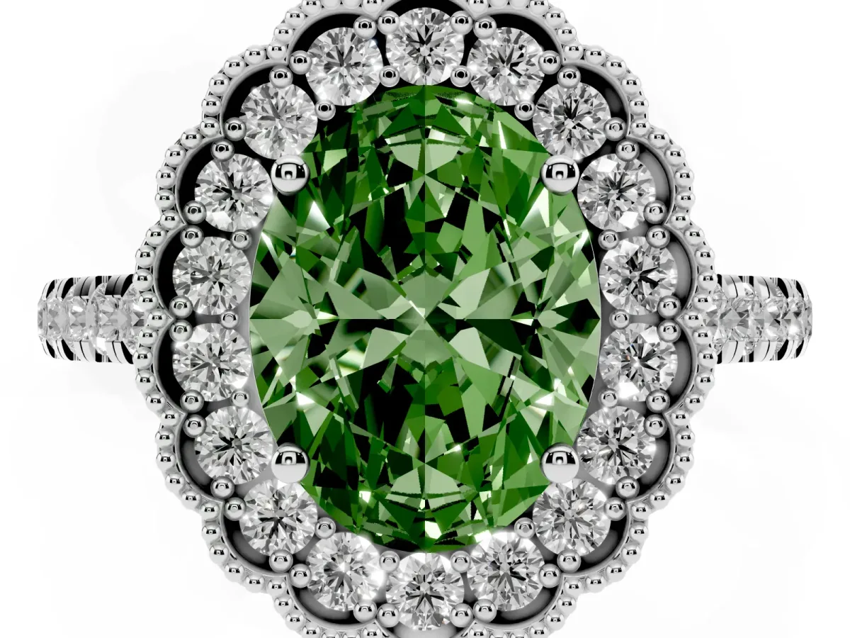 Fancy Green Oval Cut Cut Diamond Milgrain Floral Halo Engagement Ring with Pavé Band Silver