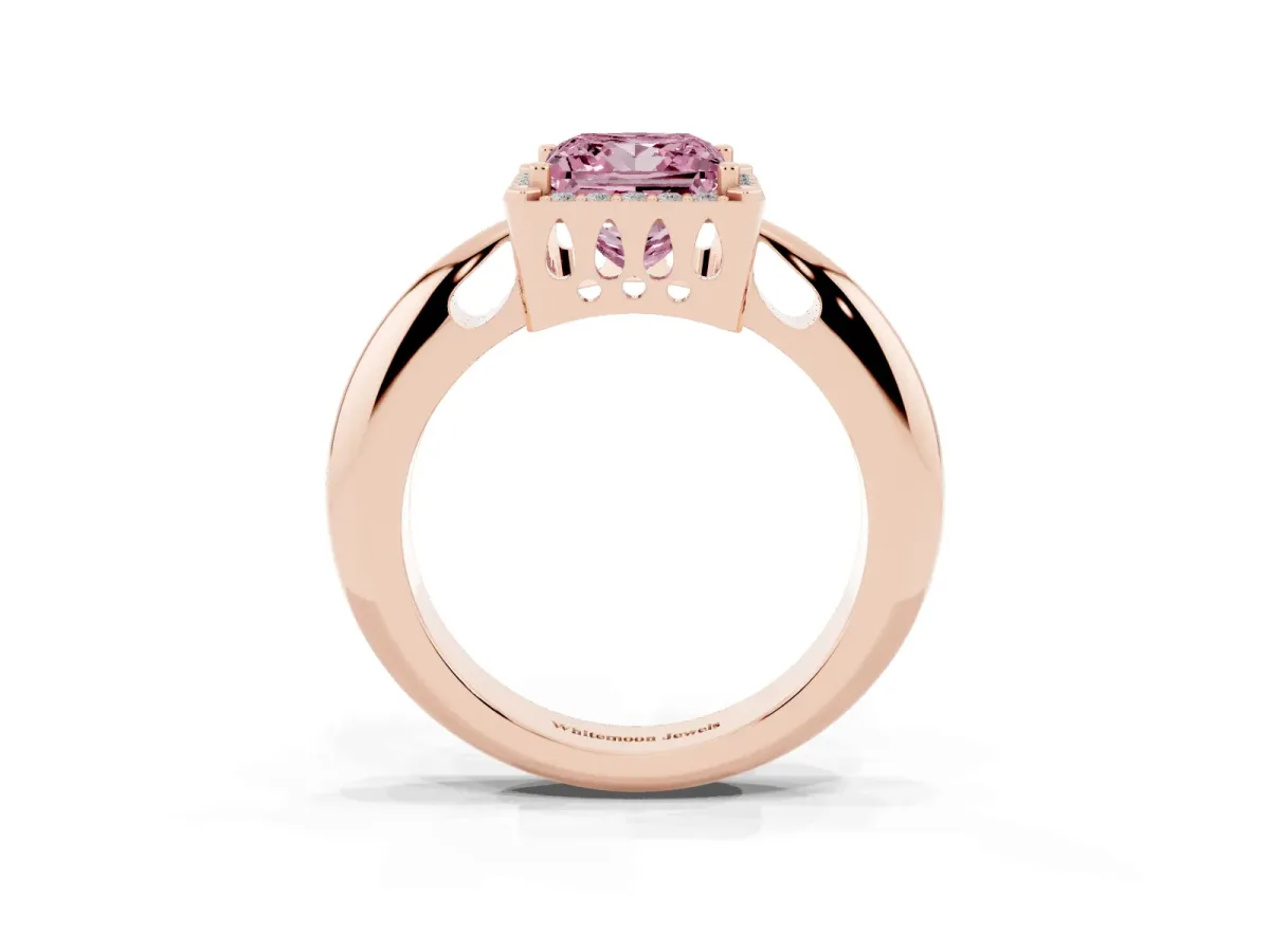 Fancy Pink Princess Cut Cut Diamond Halo Engagement Ring with Split Shank and Four-Prong Setting Rose gold