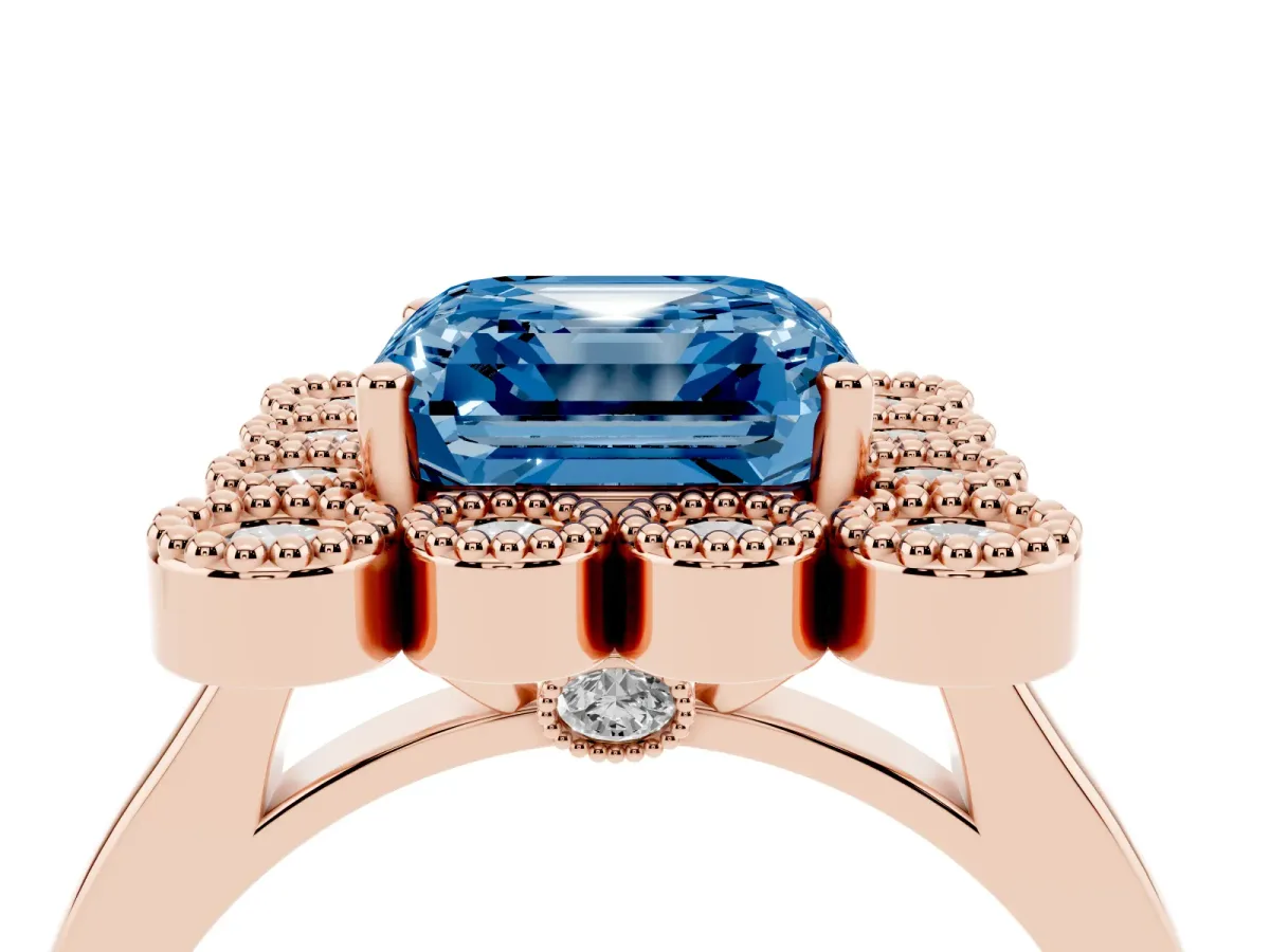 Fancy Blue Asscher Cut Halo Diamond Cluster Engagement Ring with Milgrain Bezel Setting and Solitaire Band Rose gold