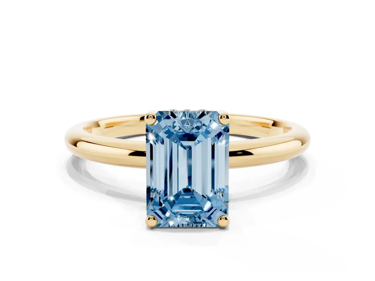 Fancy Blue Emerald Cut Cut Solitaire Engagement Ring with Four-Prong Setting and Classic Band Yellow gold