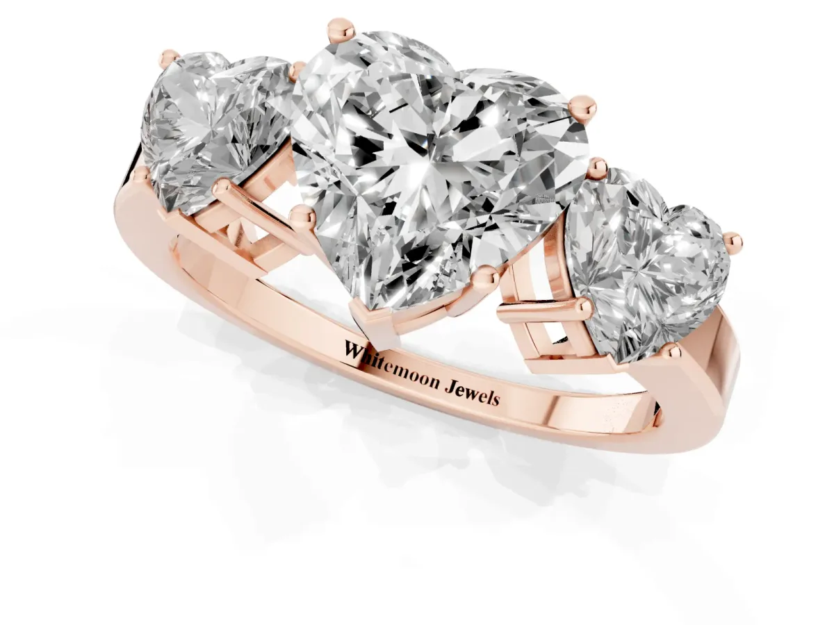 Three-Stone Heart Cut Cut Diamond Engagement Ring with Flat Band and Four-Prong Setting Rose gold