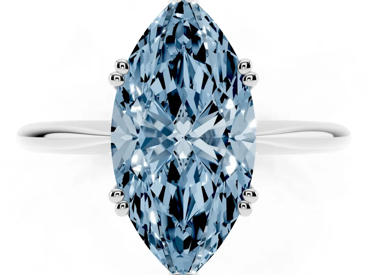 Fancy Blue Marquise Cut Solitaire Diamond Ring with Six-Prong Setting and Classic Band Platinum