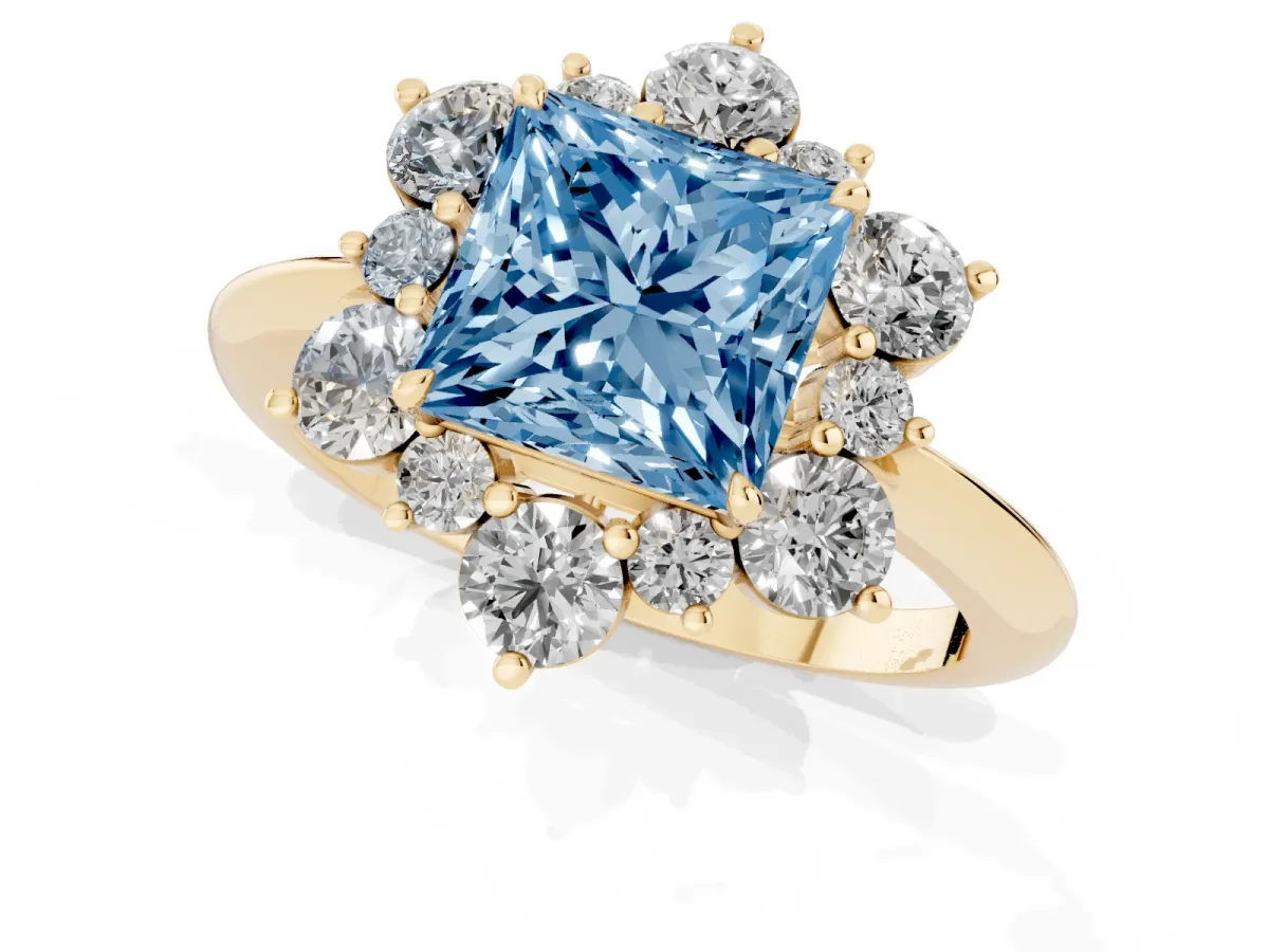 Fancy Blue Princess Cut Diamond Cluster Halo Ring with Solitaire Band and Four-Prong Setting Yellow gold