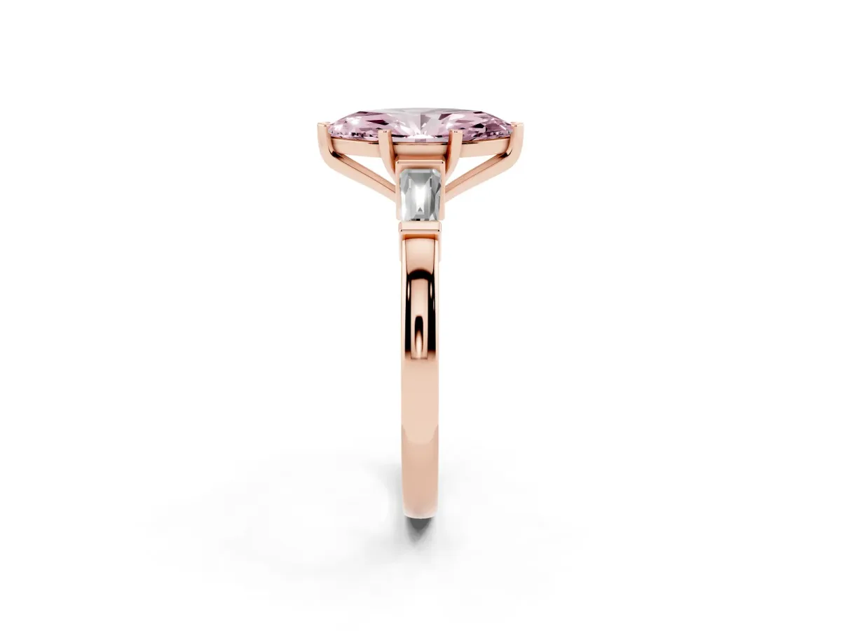 Fancy Pink Marquise Cut Cut Diamond Solitaire Ring with Tapered Baguette Accents and Four-Prong Setting Rose gold