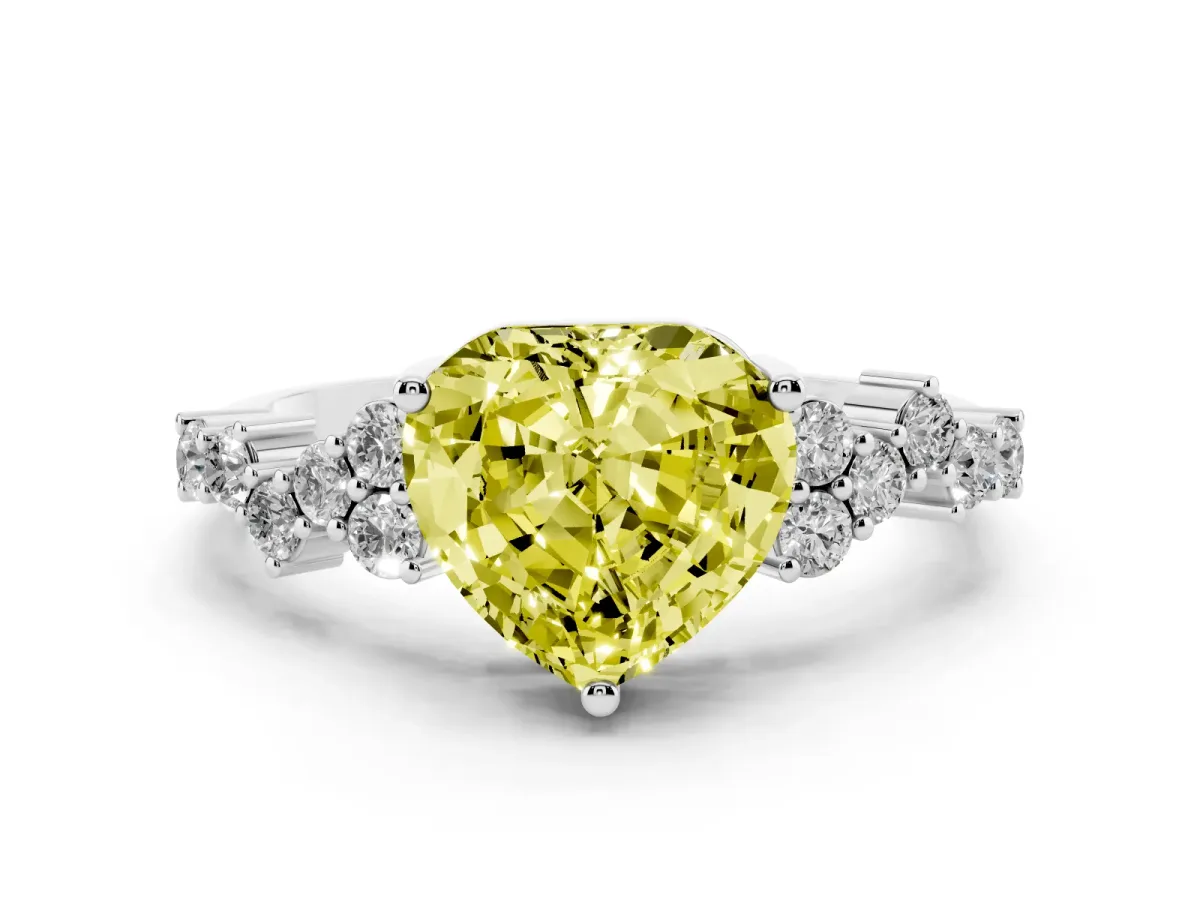 Fancy Yellow Heart Cut Diamond Scattered Round Accent Ring with Prong Setting Silver