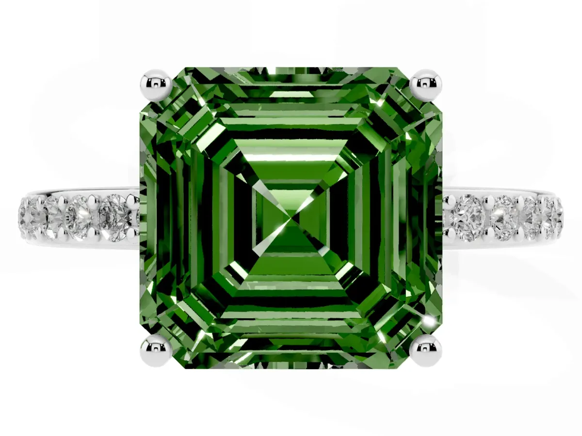 Fancy Green Asscher Cut Cut Diamond Pavé Band Ring with Four-Prong Setting Platinum