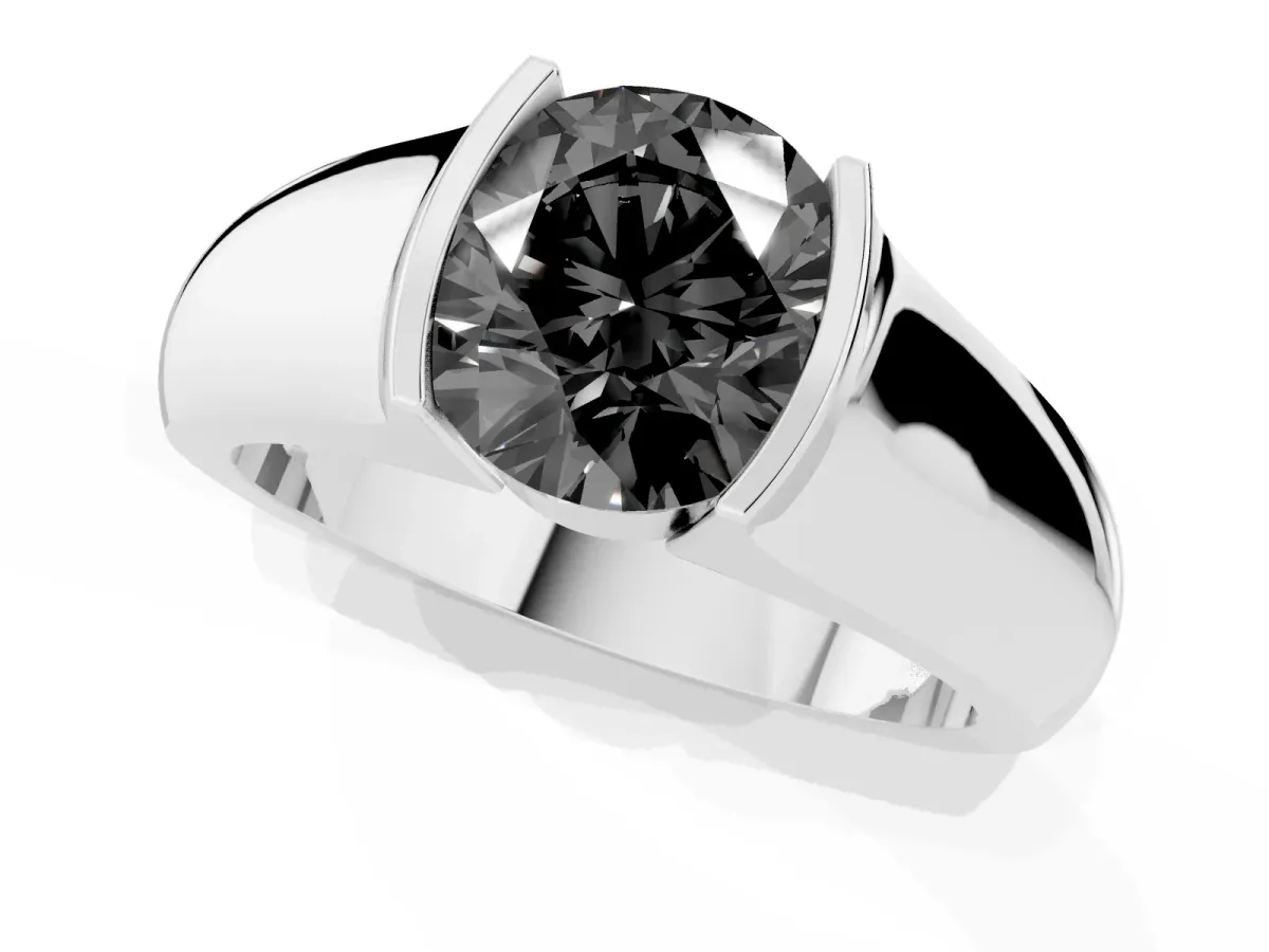 Fancy Black Round Cut Solitaire Bezel Set Diamond Ring with Wide Band Platinum