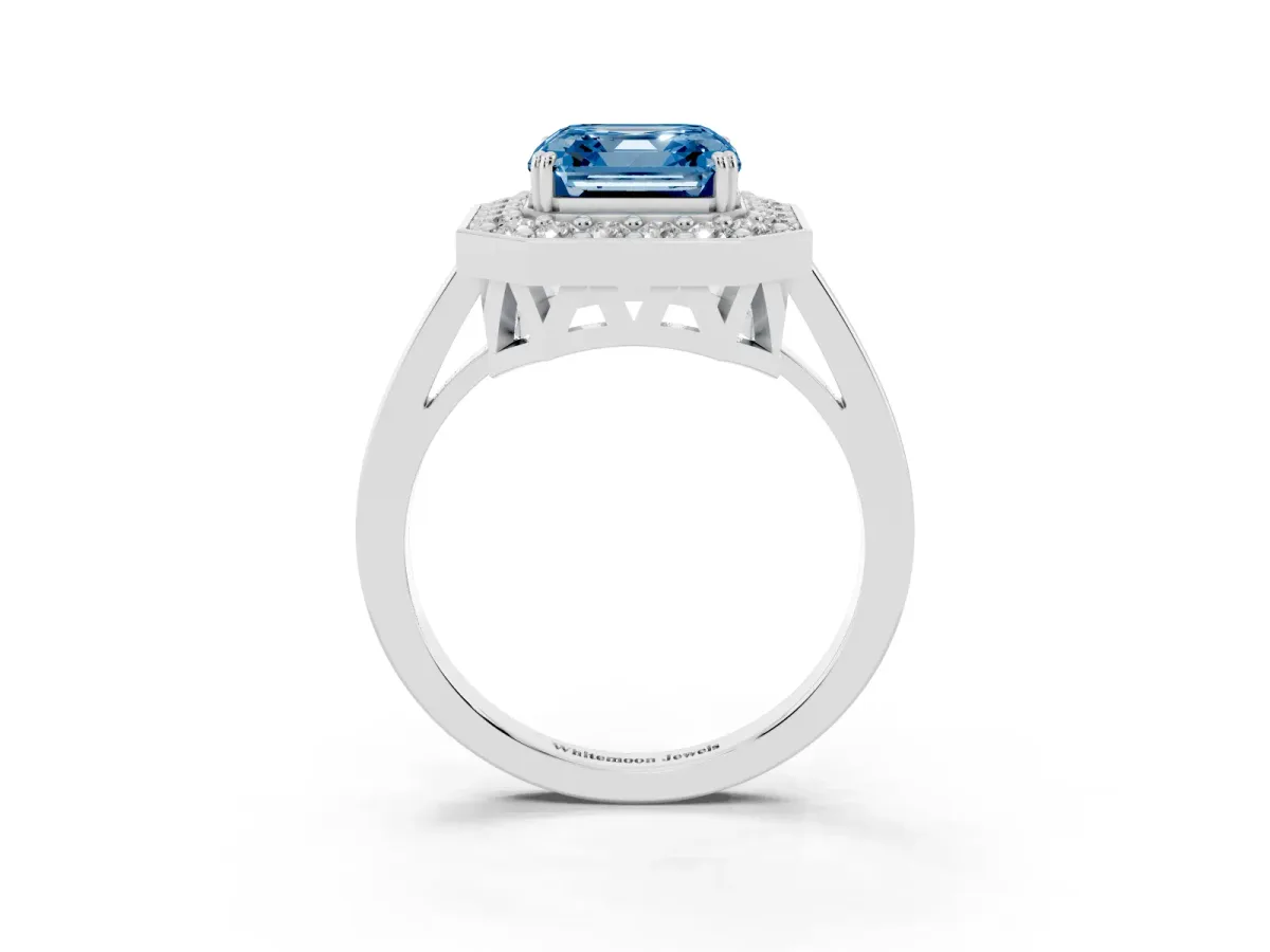 Fancy Blue Asscher Cut Diamond Halo Ring with Split Shank and Four-Prong Setting Platinum