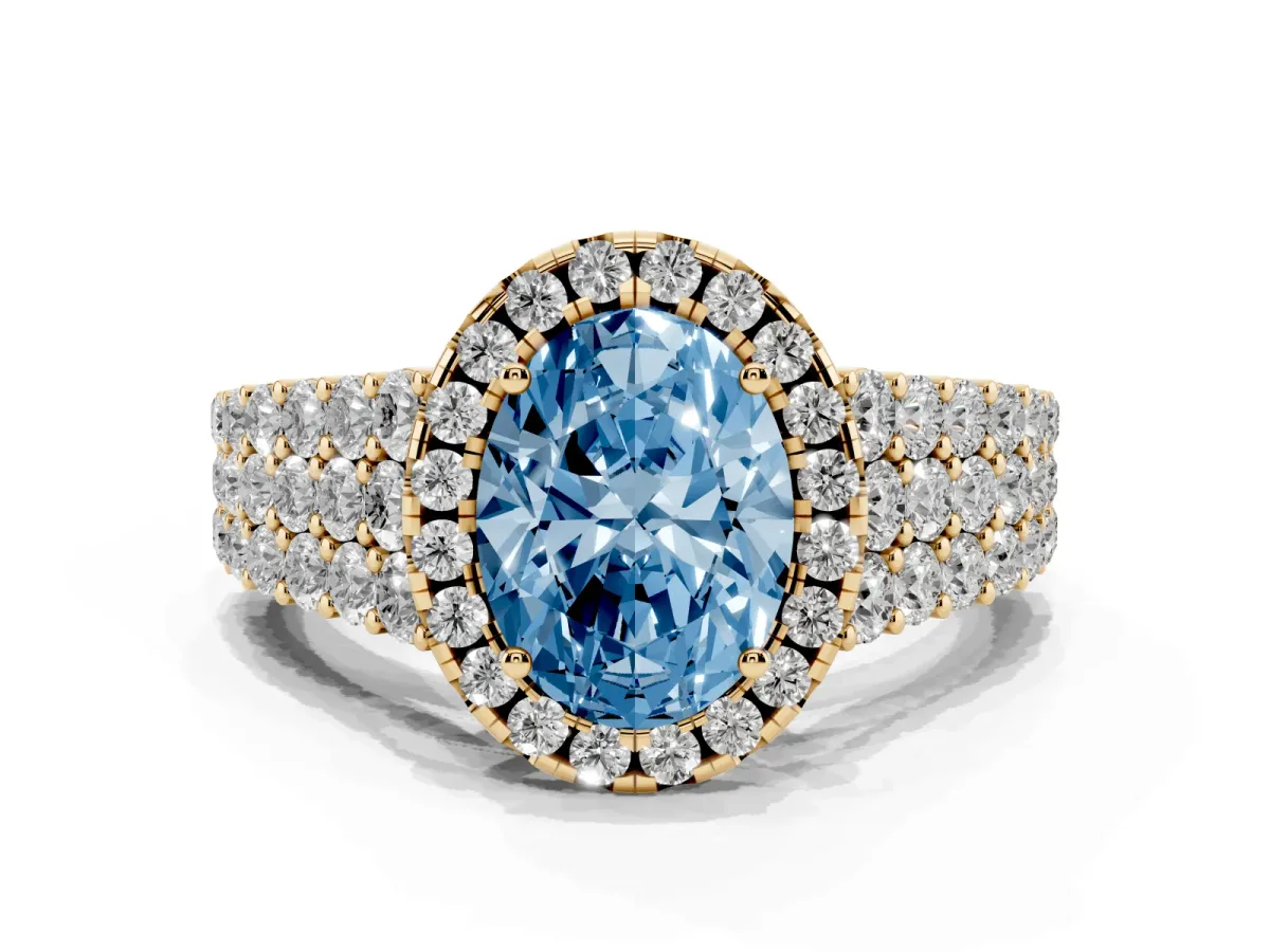 Fancy Blue Oval Cut Diamond Halo Engagement Ring with Triple Row Round Pavé Band and Prong Setting Yellow gold