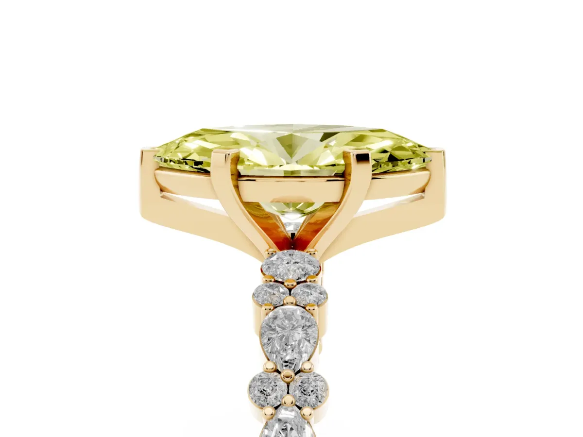 Fancy Yellow Marquise Cut Diamond Side Stone Solitaire Ring with Round and Four-Prong Setting Yellow gold
