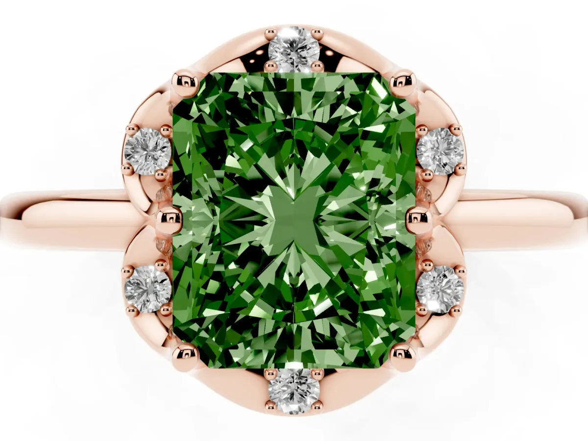 Fancy Green Radiant Cut Halo Diamond Ring with Round Cluster Setting, Solitaire Band, and Four-Prong Setting Rose gold