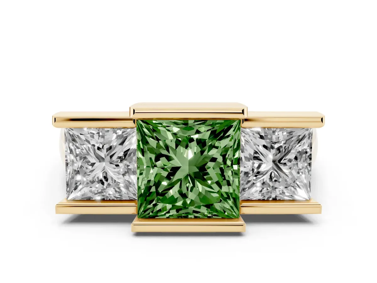Fancy Green Three Stone Princess Cut Cut Channel Set Diamond Ring Yellow gold