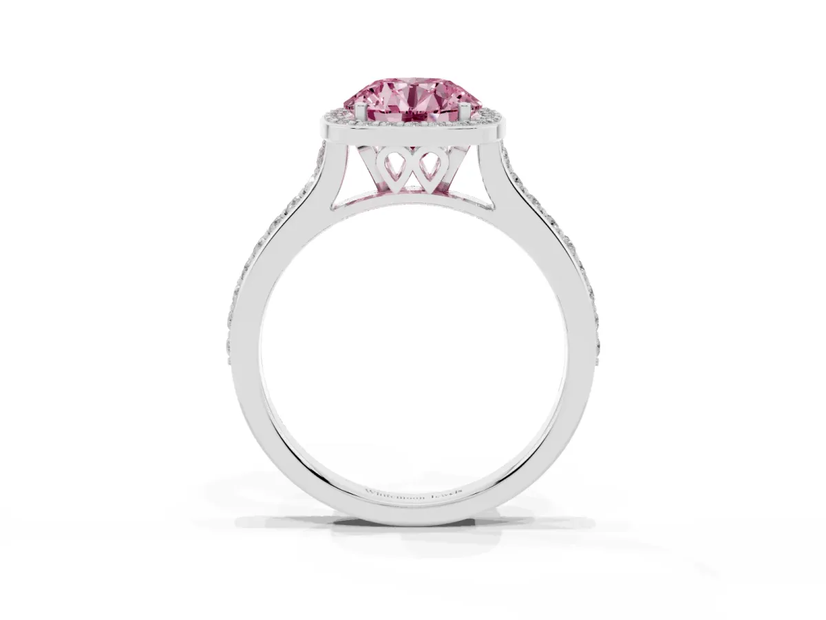 Fancy Pink Round Cut Diamond Halo Engagement Ring with Round Pavé Shoulders and Prong Setting White gold