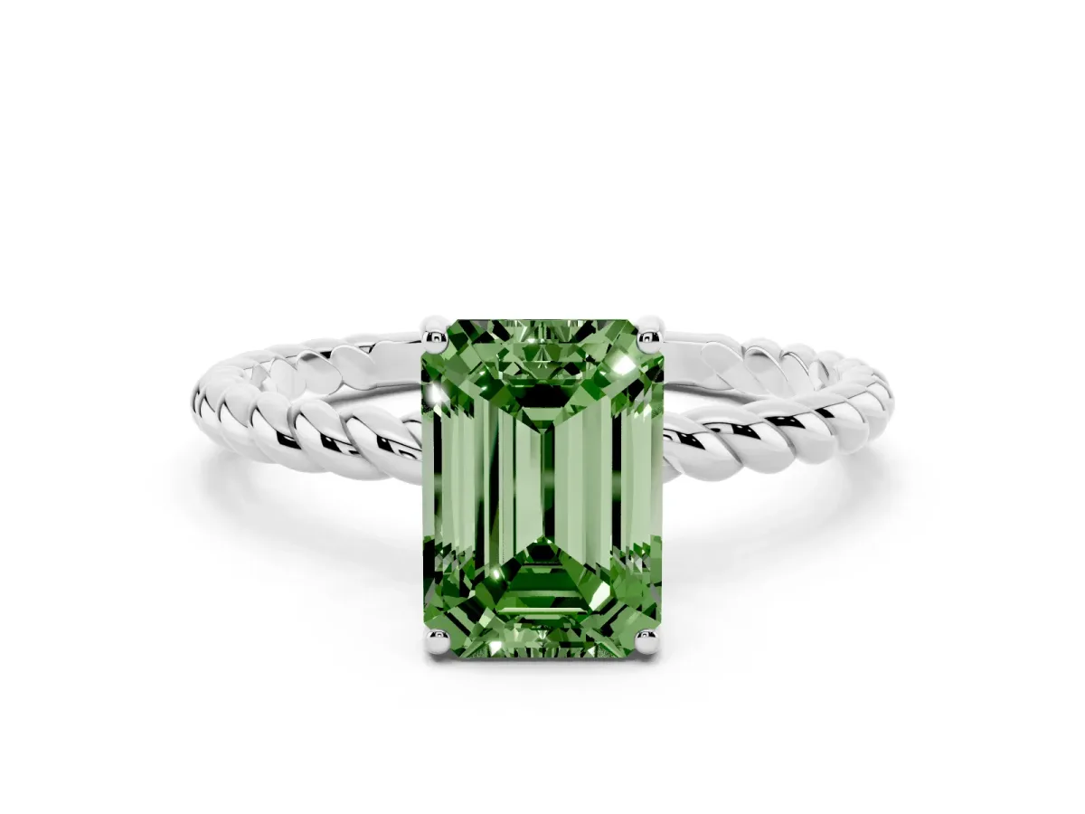 Fancy Green Emerald Cut Solitaire Twisted Band 4-Prong Ring Silver