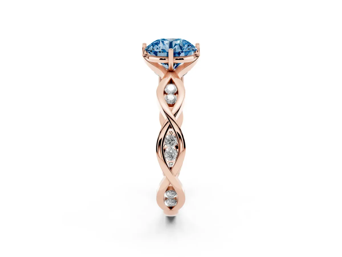 Fancy Blue Round Cut Solitaire Twist Band with Leaf Prong Setting Rose gold