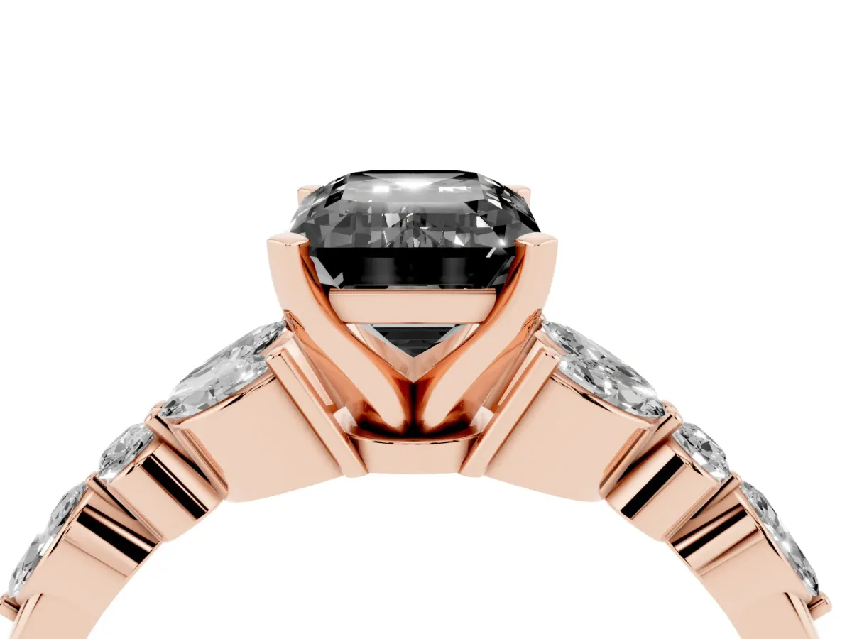 Fancy Black Emerald Cut Diamond Solitaire Ring with Side Stones and Four-Prong Setting Rose gold