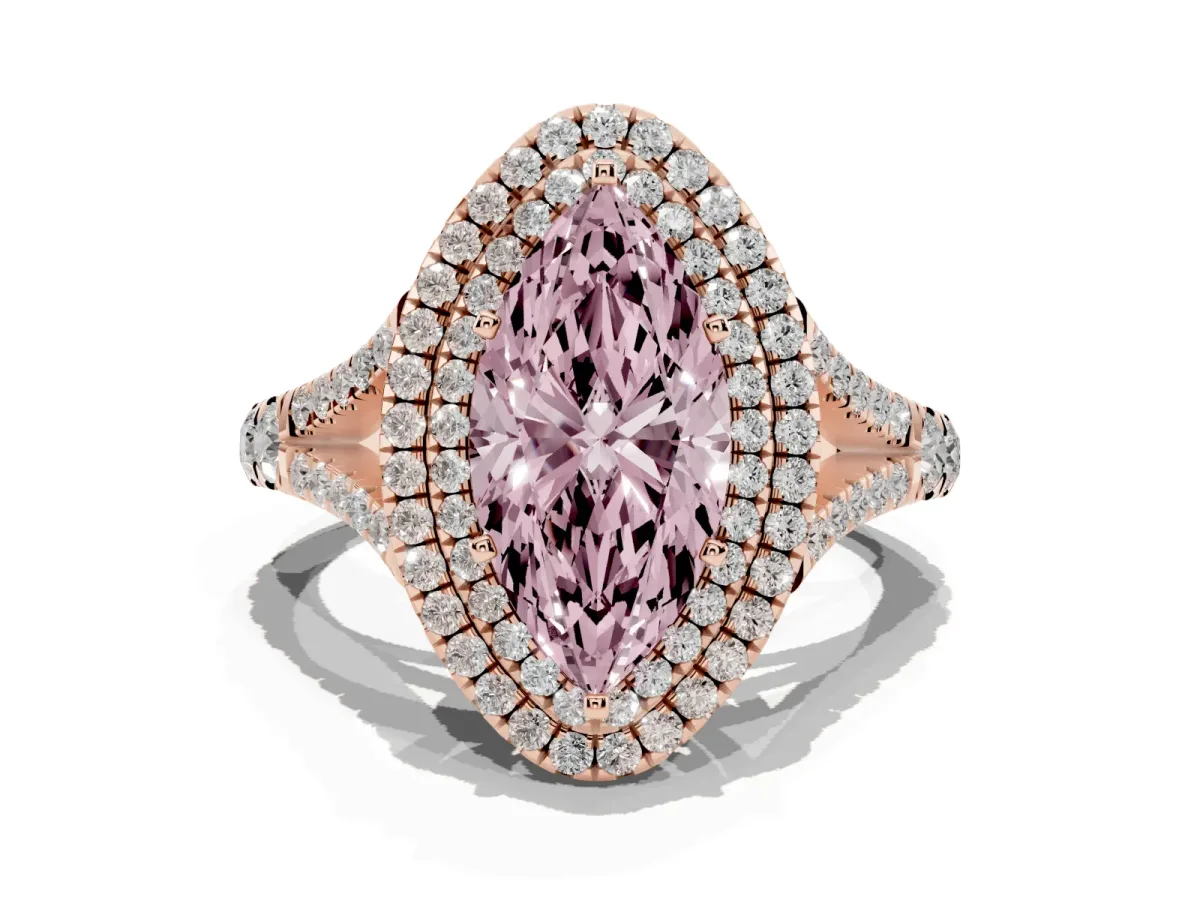 Fancy Pink Marquise Cut Cut Double Halo Split Shank Diamond Ring with Prong Setting Rose gold