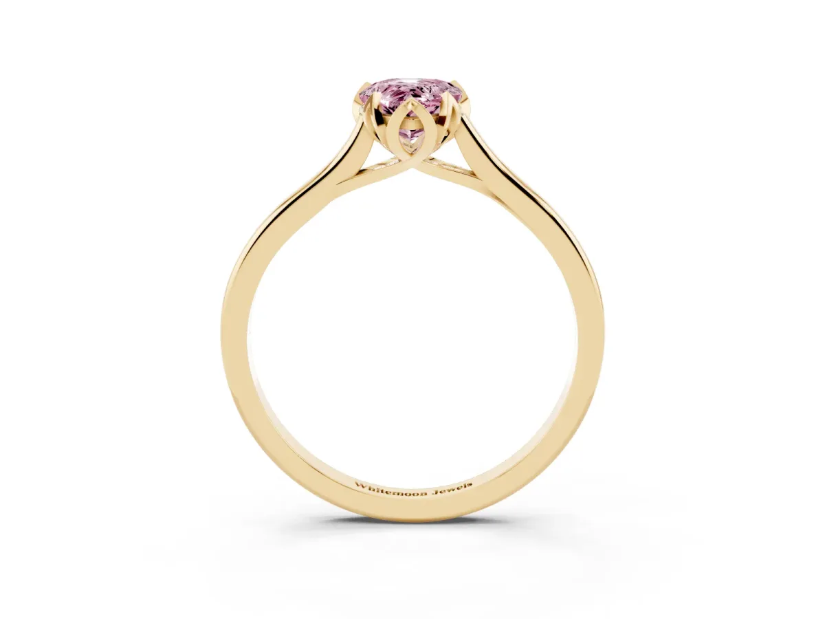 Fancy Pink Pear Cut Diamond Solitaire Ring with Flower Prong Setting and Classic Band Yellow gold