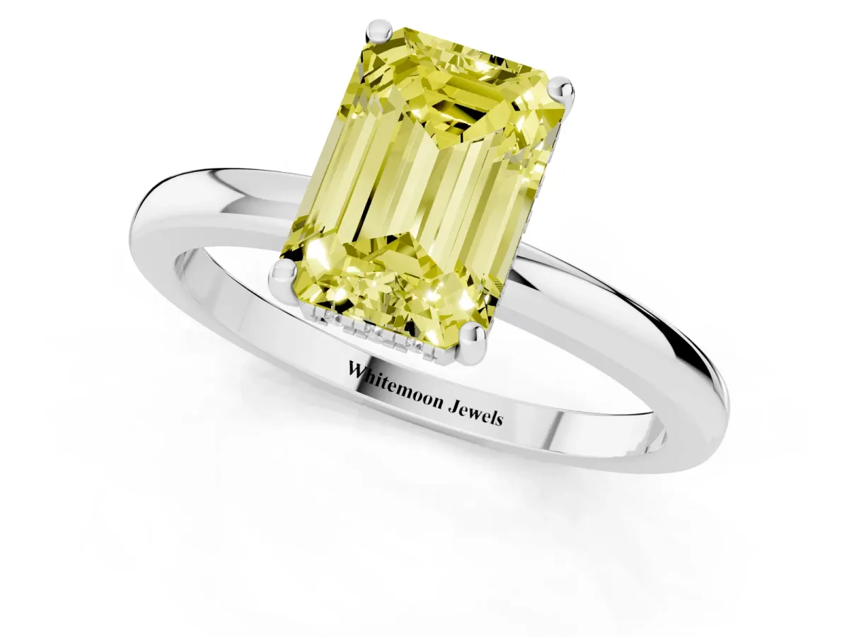 Fancy Yellow Emerald Cut Solitaire Diamond Ring with Prong Setting and Plain Band Silver