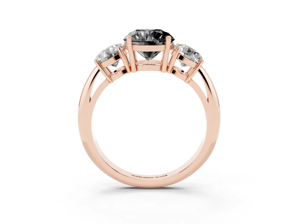 Fancy Black Three-Stone Round Cut Cut Diamond Engagement Ring with Prong Setting on a White Gold Band Rose gold