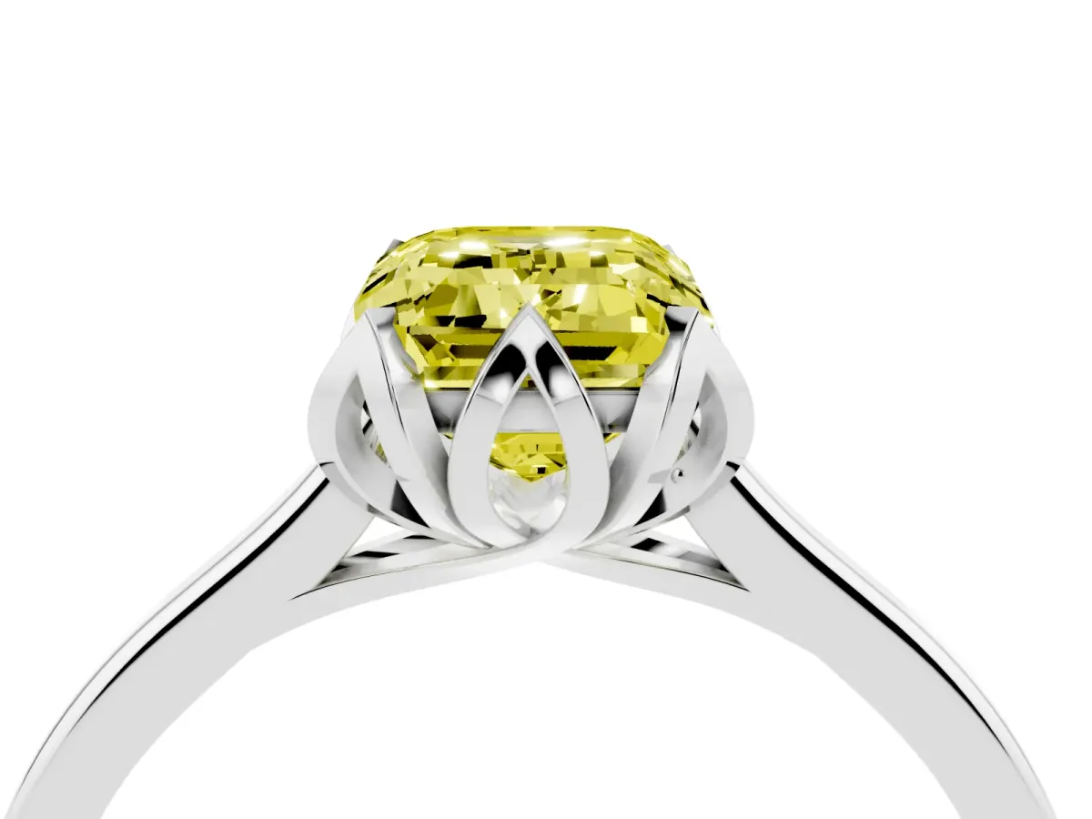 Fancy Yellow Emerald Cut Diamond Solitaire Ring with Flower Prong Setting and Classic Band Silver