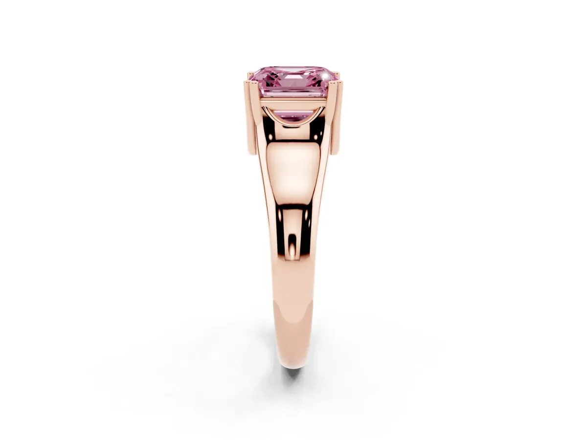 Fancy Pink Asscher Cut Diamond Solitaire Ring with Wide Band and Prong Setting Rose gold