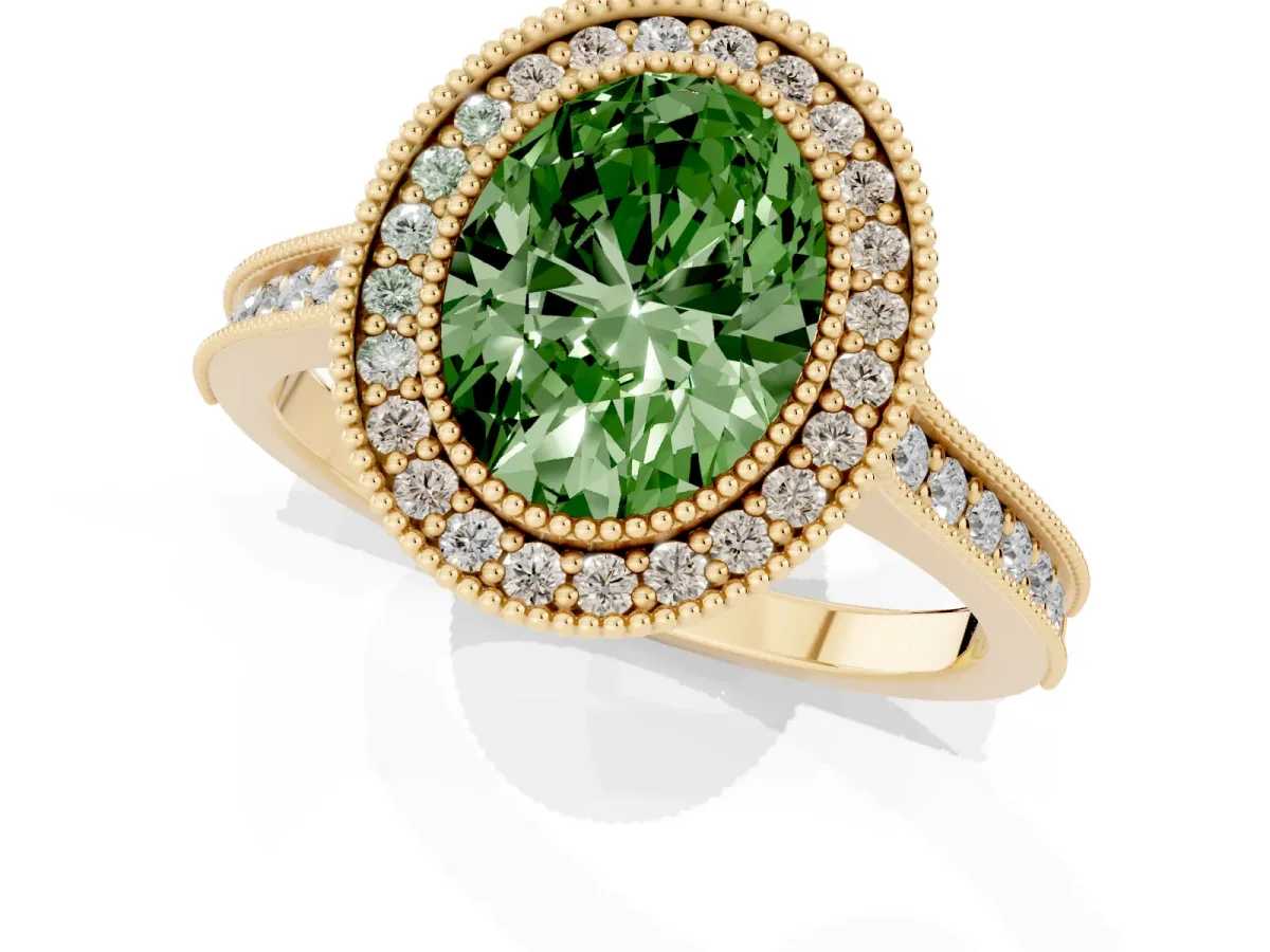 Fancy Green Halo Oval Cut-Cut Diamond Pave Band Milgrain Prong Setting Ring Yellow gold