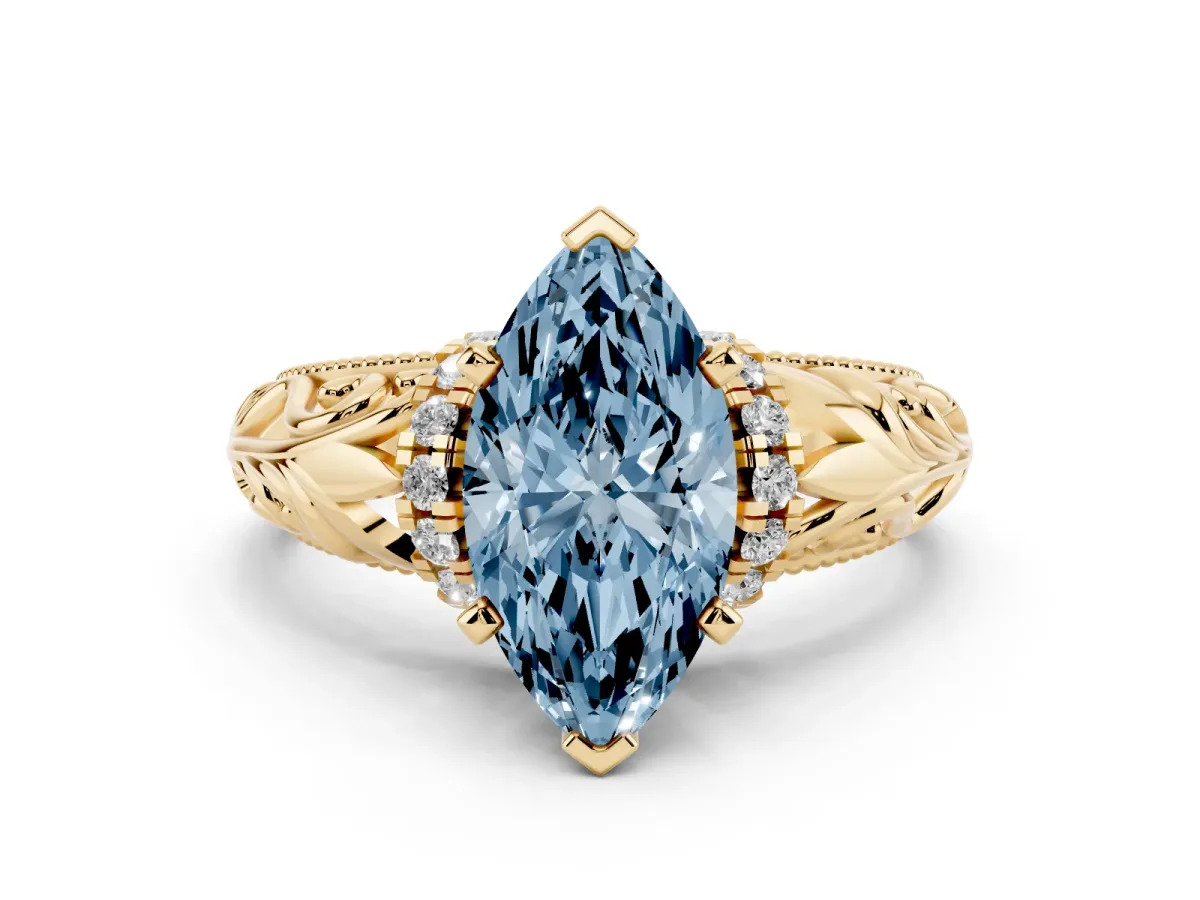 Fancy Blue Marquise Cut Solitaire Filigree Engagement Ring with Halo and Prong Setting Yellow gold