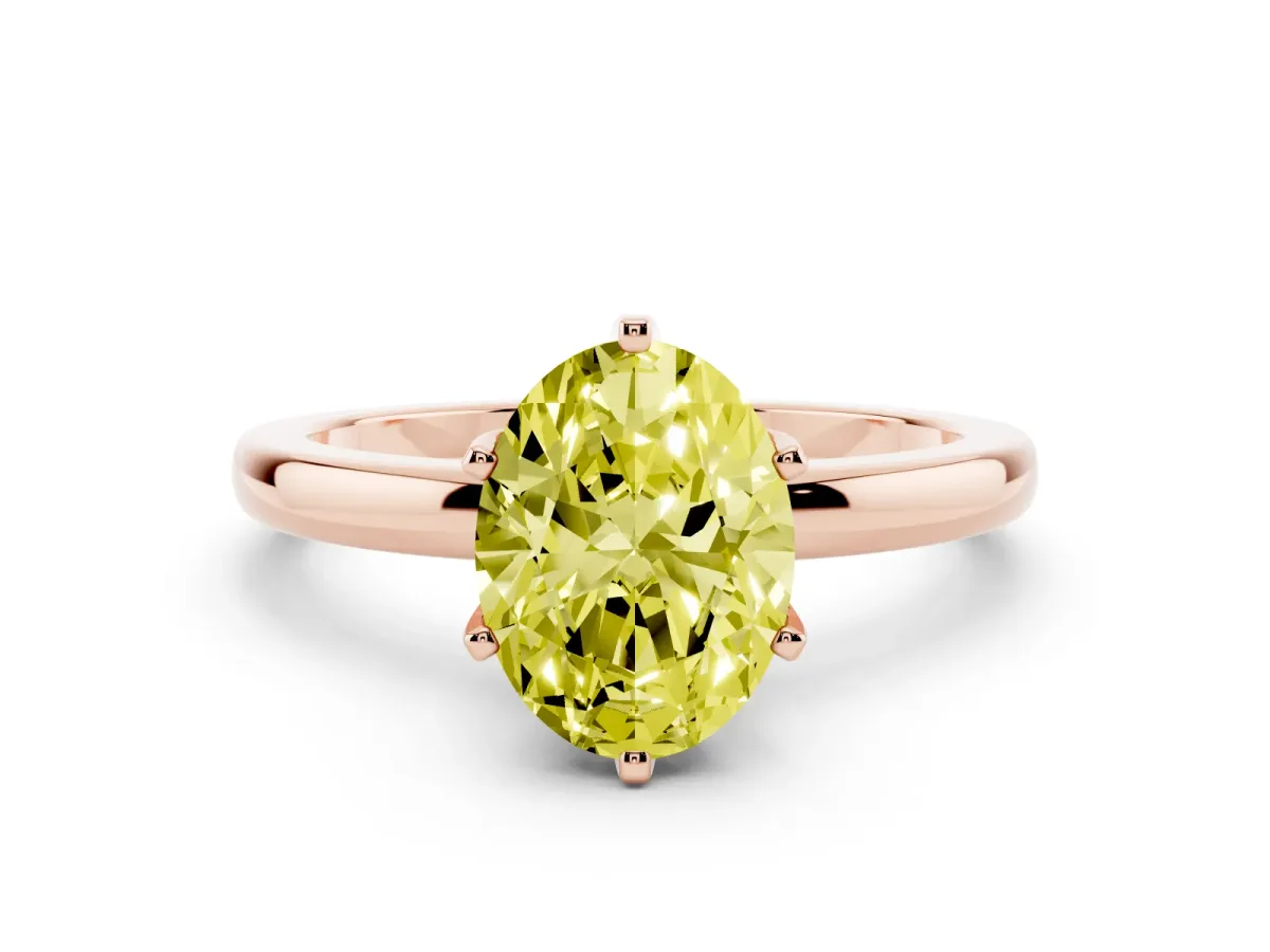 Fancy Yellow Oval Cut Solitaire Diamond Ring with Six-Prong Setting on a Classic Band Rose gold