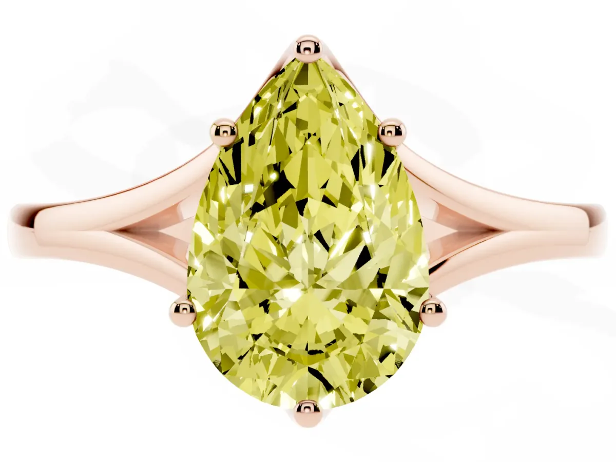 Fancy Yellow Pear Cut Solitaire Diamond Ring with Six-Prong Setting and Tapered Band Rose gold