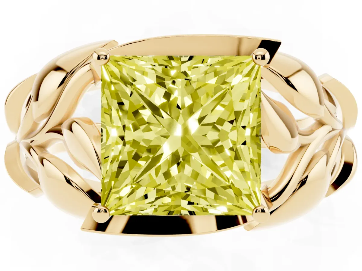 Fancy Yellow Princess Cut Diamond Leaf-Inspired Engagement Ring with Round Accents and Prong Setting Yellow gold