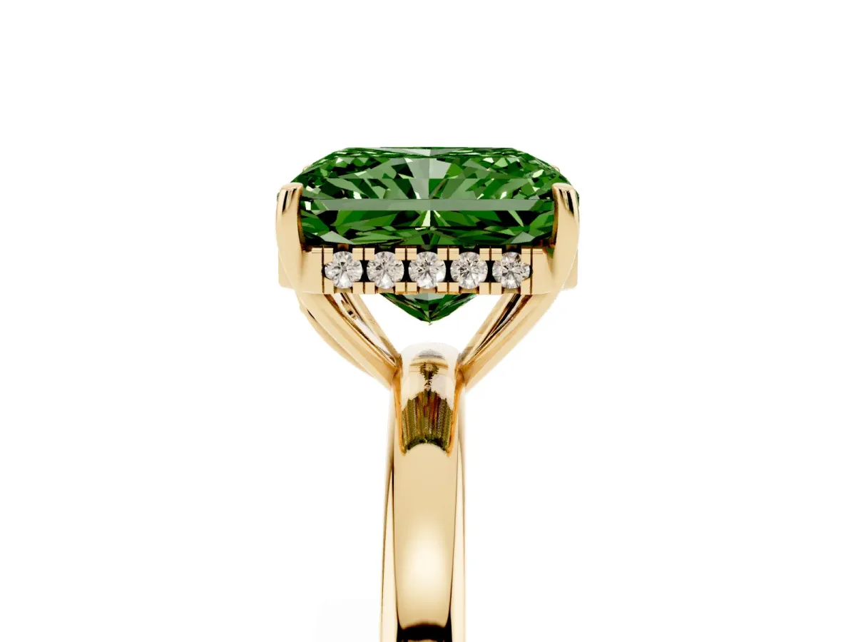 Fancy Green Radiant Cut Solitaire Diamond Ring with Prong Setting and Plain Band Yellow gold